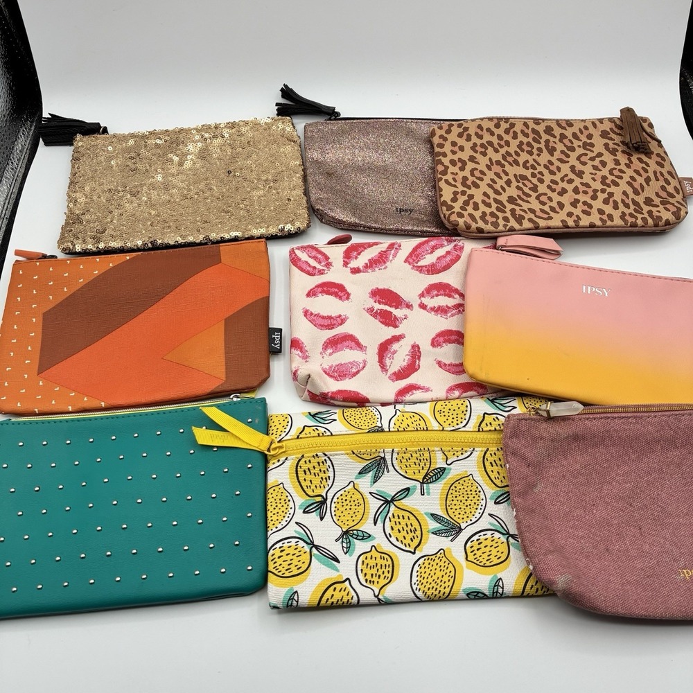 Lot of 9 Ipsy Glam Bags Zip Cosmetic Pouches Glitter Sparkle